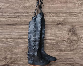 Bottes hautes plates pour femmes - Bottes genoux automne-hiver à lacets, Bottes en cuir véritable