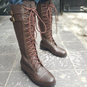 Brown Vintage Lace Up Combat Rider Long High Heels Boots Shoes