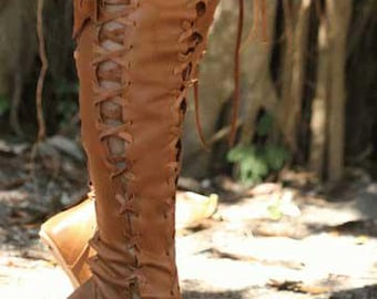 Botas de cuero hechas a mano hasta la rodilla, estilo renacentista con cordones