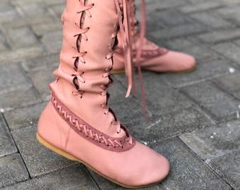 Bottes Femme, Bottes hautes, Bottes à lacets, Bottes genou en cuir, Bottes en cuir faites main originales 100 % cuir