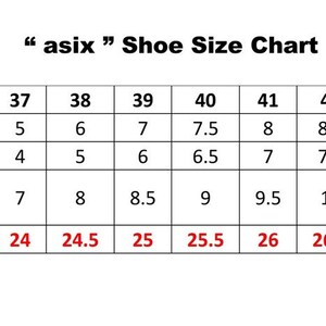 May include: A shoe size chart labeled "asix" with conversions for Europe, Australia, U.K., and U.S.A & Canada. The chart includes centimeter measurements ranging from 23.5 cm to 28 cm, corresponding to various shoe sizes.