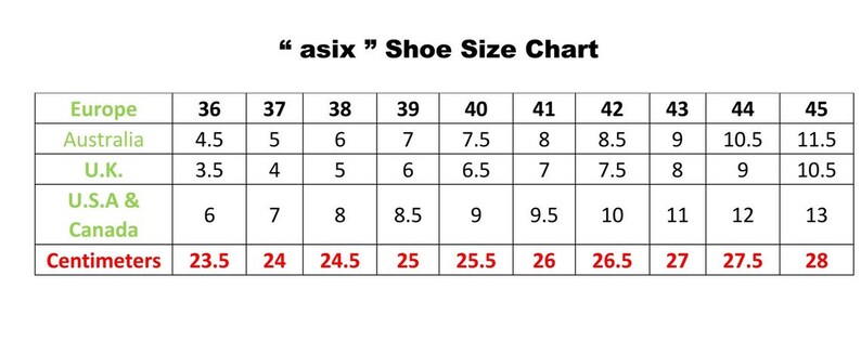 May include: A shoe size chart labeled "asix" with conversions for Europe, Australia, U.K., and U.S.A & Canada. The chart includes centimeter measurements ranging from 23.5 cm to 28 cm, corresponding to various shoe sizes.