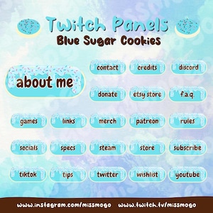 Puede incluir: Un conjunto de paneles de Twitch con un tema de galletas de azúcar azules. Los paneles presentan etiquetas de texto como "Acerca de mí", "Contacto", "Donar" y "Tienda Etsy". El diseño incluye fondos azul claro con glaseado blanco y chispas coloridas.