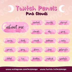 Pink Cloud and Moon Panels for Twitch | Cute Panels for Streamers | Cozy Gamer Streaming Panels | Colorful Fun Streamer Panel