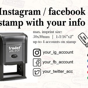 Timbre de réseau social. Tampon Instagram, Facebook, Twitter, Snapchat. Tampon de médias sociaux personnalisé avec vos propres comptes. IG, tampon FB.