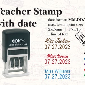 Timbre de nom de date de l’enseignant. Tampon à date personnalisé avec votre nom ou tout autre texte. MM.JJ.AAAA. Super cadeau. Timbre personnalisé.