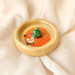 Handmade Fox Trinket Tray: Pine Tree Air-Dry Clay Ring Dish