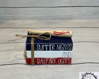 Baseball mini wood book stack with baseball bat/ tiered tray decor/ baseball decor/ wood books/ bat/