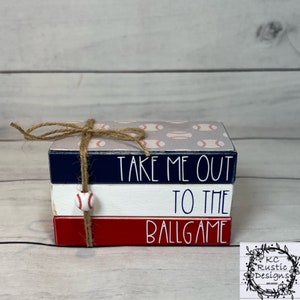 Baseball mini wood book stack/ tiered tray decor/ baseball decor/ wood books/baseball