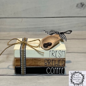 Coffee mini wood book stack with scoop/ coffee bar/ tier tray decor/ coffee scoop/ farmhouse/ wood books/