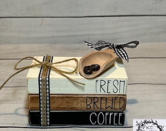Coffee mini wood book stack with scoop/ coffee bar/ tier tray decor/ coffee scoop/ farmhouse/ wood books/