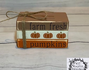 Fall mini wood book stack/ tiered tray decor/ pumpkins/ farmhouse/ wood books