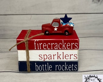 Patriotic mini wood book stack with truck/tier tray decor/ truck decor/ 4th of July/ wood books/ farmhouse/ shelf sitter/ Independence Day/