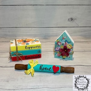 Happiness is homemade tiered tray bundle/ wood books/ wood house/rolling pin/home decor/tier tray decor