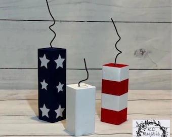 Wooden firecrackers/ tiered tray decor/ wooden fireworks/ patriotic decor/ 4th of July decor/ mantle decor/ buffet decor