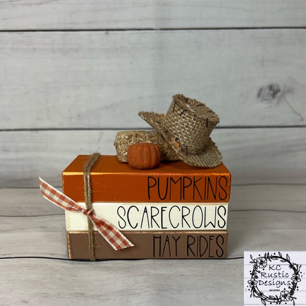 Fall Wood Book Stack/ Scarecrow/ Pumpkins/ tiered tray decor/Halloween decor/Fall decor/ wood books/ book bundle/ Thanksgiving decor