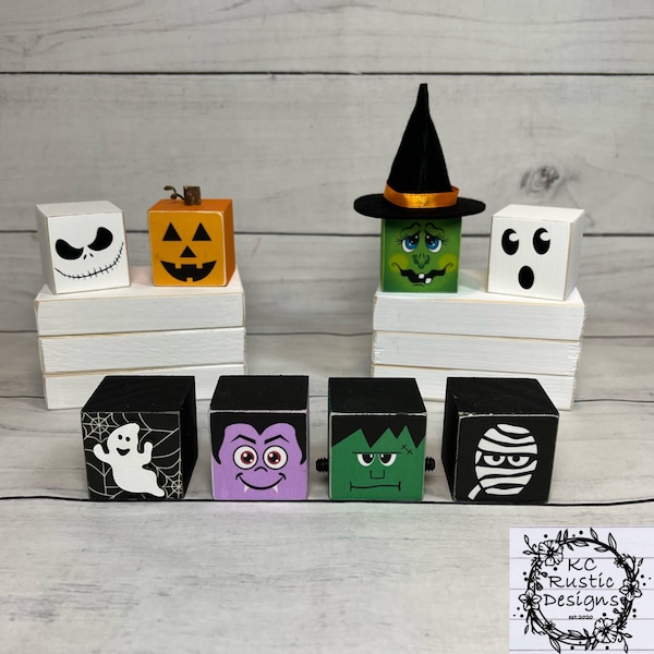Halloween wood blocks/Halloween decor/Halloween tier tray/tier tray decor/Ghost/ mummy/ pumpkin/witch/Frankenstein/wood decor/ wood blocks
