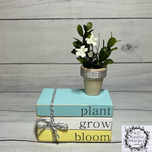 May include: A stack of three wooden blocks with the words "plant", "grow", and "bloom" painted on them. A small potted plant with white flowers sits on top of the blocks.