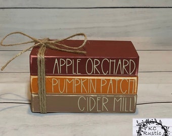 Pila de libros de madera en miniatura de otoño/ Sidra de manzana/ Decoración de bandejas escalonadas/ Granja/ Libros de madera/ Paquete de libros