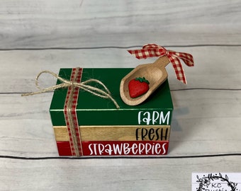 Strawberries mini wood book stack with scoop/tier tray decor/strawberries decor/farmhouse/wood book/summer decor/strawberry tier tray