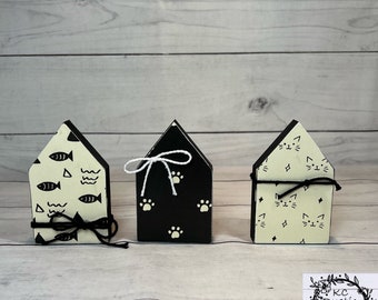 Cat themed mini wood house/ tiered tray decor/ wood decor/cat decor/