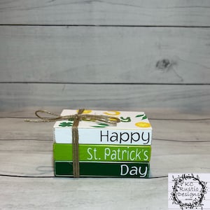 St. Patrick’s Day decor/ mini wood books/ tiered tray decor/ lucky/