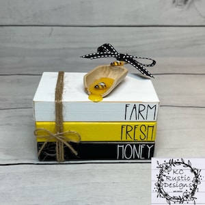 Bee mini wood book stack with honey scoop/ tiered tray decor/ wood books/ home decor/ bee tier tray decor