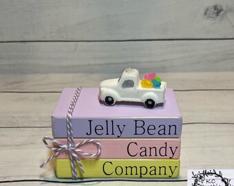 Jelly Bean Candy Company mini wood book stack with truck/ jelly beans/ Easter decor/ tiered tray decor/ holiday tray/ wood books