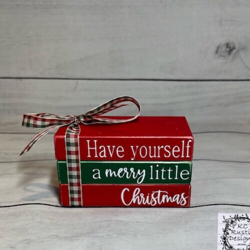 Christmas mini wood book stack/ Have yourself a merry little Christmas/ wood books/ tiered tray decor/ holiday tier tray/ Christmas decor/