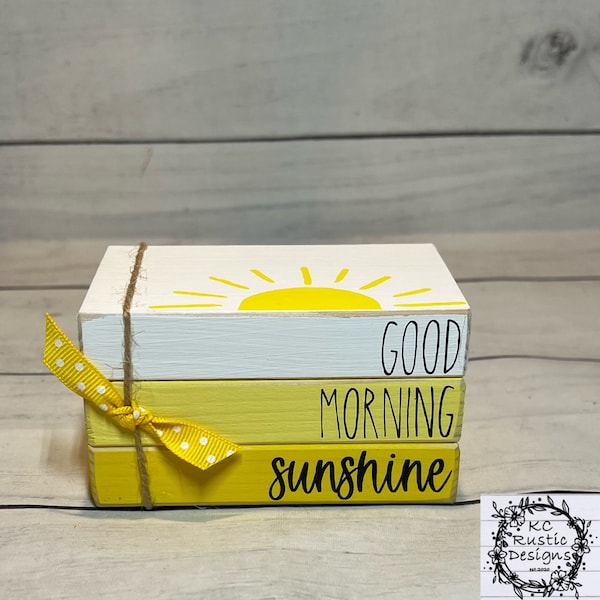 Summer mini wood book stack/ Good Morning Sunshine/ tiered tray decor/ wood books/ summer decor/ sun/ book bundle