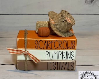 Fall Wood Book Stack/ Scarecrow/ Pumpkins/ tiered tray decor/Halloween decor/Fall decor/ wood books/ book bundle/ Thanksgiving decor