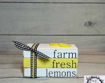 Lemon mini wood book stack/ lemonade decor/ tier tray decor/ farmhouse/ summer decor/ wood books