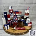 Patriotic tier tray decor/patriotic decor/ tier tray decor/4th of July decor/wood books/mantle decor/fireworks/buffet decor/faux drink