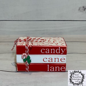 Candy Cane Lane mini wood book stack/ book bundle/ Christmas decor/ Christmas tray/ candy canes/ wood books/ tier tray decor/