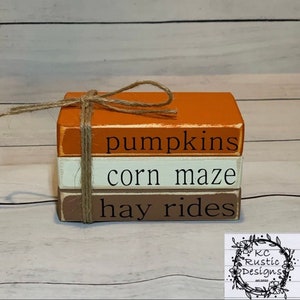 Fall mini wood book stack/ tiered tray decor/ pumpkins/ corn maze/ farmhouse/ fall decor/ Thanksgiving decor/ book bundle/ wood book