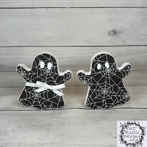 Spooky Cute Wooden Ghosts | Handcrafted Halloween Tiered Tray & Shelf Decor | Halloween Ghost Shelf Sitters | Rustic Wooden Halloween Decor