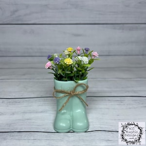 Rain Boot Planter with Mini Flowers | Spring Farmhouse Decor | Tiered Tray Accent | Easter Table Decor | Gift for Her | Tier Tray Decor