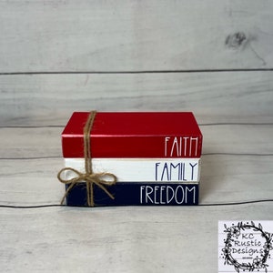 Patriotic mini wood book stack/ patriotic decor/ tier tray decor/ 4th of July decor/ wood books/ book bundle/ faith/ family/freedom