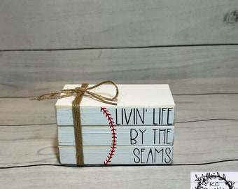 Baseball wood book stack/ tiered tray decor/ baseball tier tray/ wood books/ buffet decor/