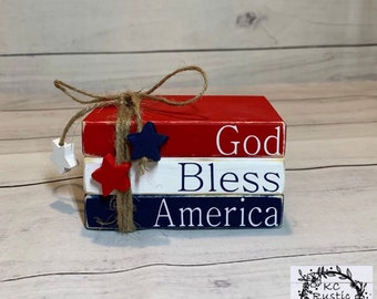 God Bless America mini wood book stack/ patriotic decor/ tier tray decor/ 4th of July decor/ wood books/ book bundle