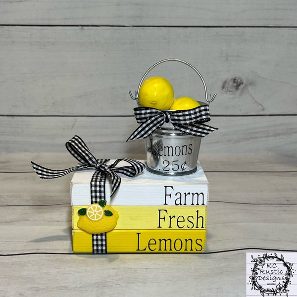 Farm Fresh Lemons mini wood book stack with bucket/ tier tray decor/ lemon decor/ lemon bucket/ wood books/ book bundle/ shelf sitter/