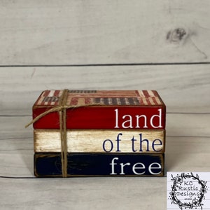 Land of the free wood mini book stack/ tiered tray decor/ Memorial Day decor/ patriotic decor/ 4th of July decor/ wood books/ holiday tray