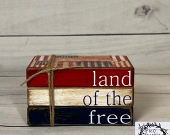 Land of the free wood mini book stack/ tiered tray decor/ Memorial Day decor/ patriotic decor/ 4th of July decor/ wood books/ holiday tray