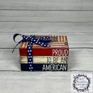 Proud to be an America mini wood book stack/ patriotic decor/ tier tray decor/4th of July decor/ wood books/ book bundle
