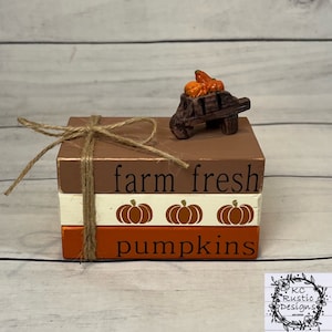 Fall mini wood book stack/ tiered tray decor/ pumpkins/ farmhouse/ wood books/ farm fresh pumpkins/ fall tier tray/ fall decor/