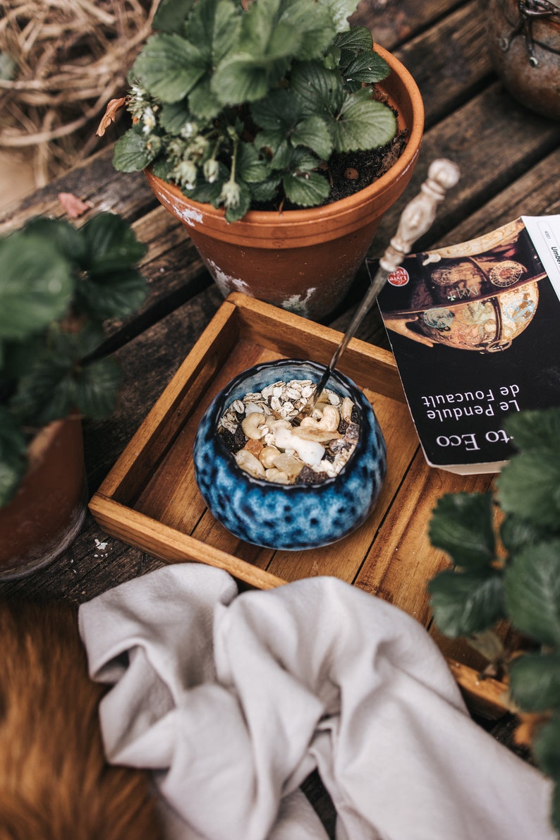 Breakfast pot bowl, blue glaze, Merenok ceramics, handmade image 1