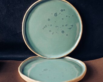 Sea green patterned plates, 22 cm - Merenok ceramics, handmade, handgemaakt bord