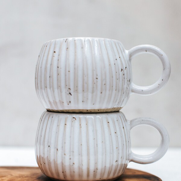White stripes  coffee cup, coffee mug, glossy glaze, Merenok ceramics