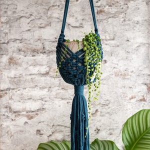 Könnte beinhalten: Ein türkisfarbener Makramee-Pflanzenhänger mit Quaste, der einen kleinen Topf mit einer Perlenschnurpflanze hält.