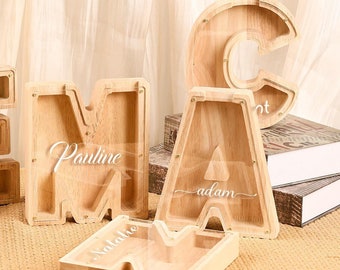 Personalized Name Piggy Bank, Custom Initial Coin Bank, Wooden Letter Piggy Bank, Money Box, Gift for Child, Baby Boy Gift, Baby Gift